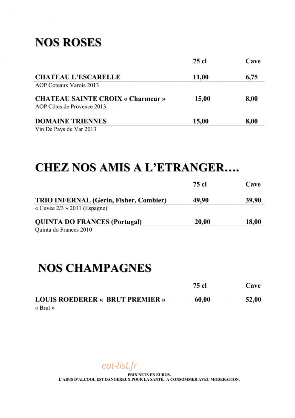 Carte et menu de Les Touristes à Villeneuve Loubet — Les vins rosés, étranger et champagnes