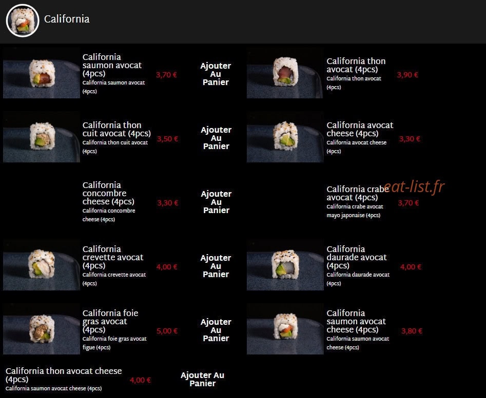 Carte et menu de Mas Sushi à Villeneuve Loubet — California