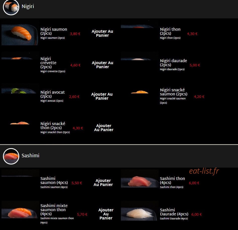 Carte et menu de Mas Sushi à Villeneuve Loubet — Nigiri et sashimi
