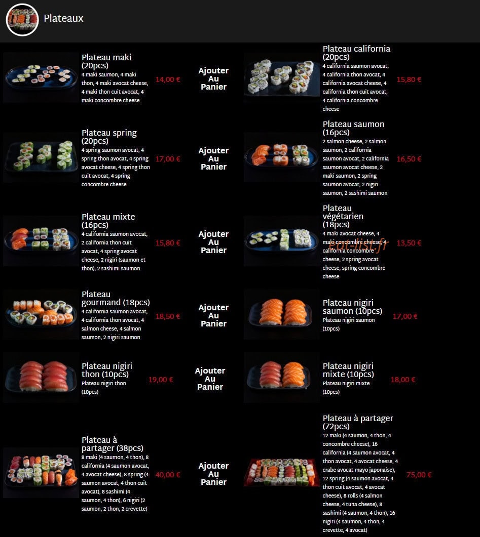 Carte et menu de Mas Sushi à Villeneuve Loubet — Les plateaux