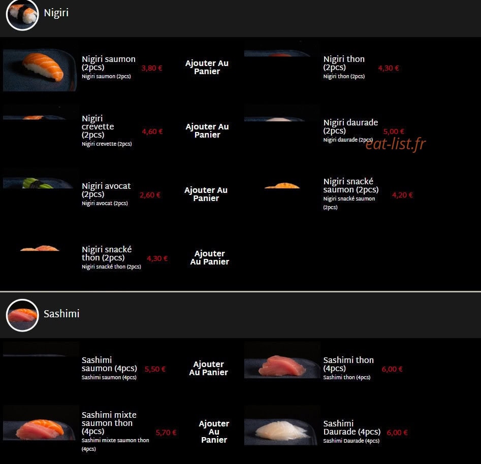 Carte et menu de Mas Sushi à Villeneuve Loubet — Nigiri et sashimi