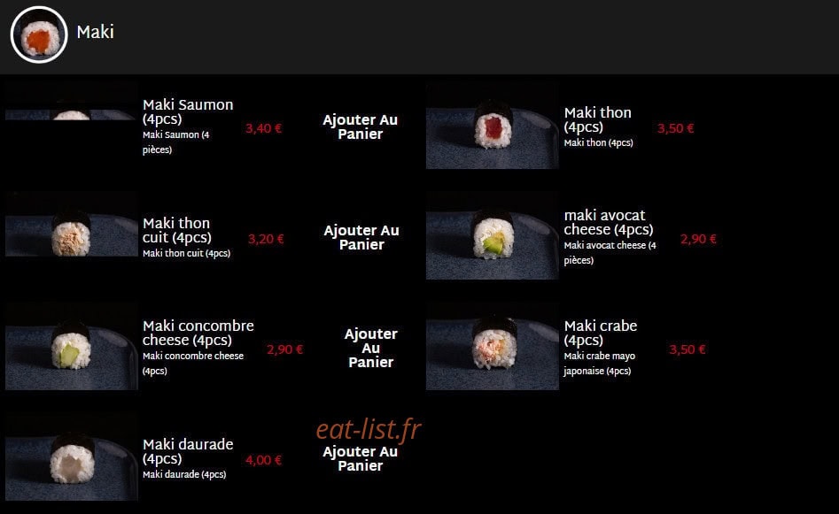 Carte et menu de Mas Sushi à Villeneuve Loubet — Maki