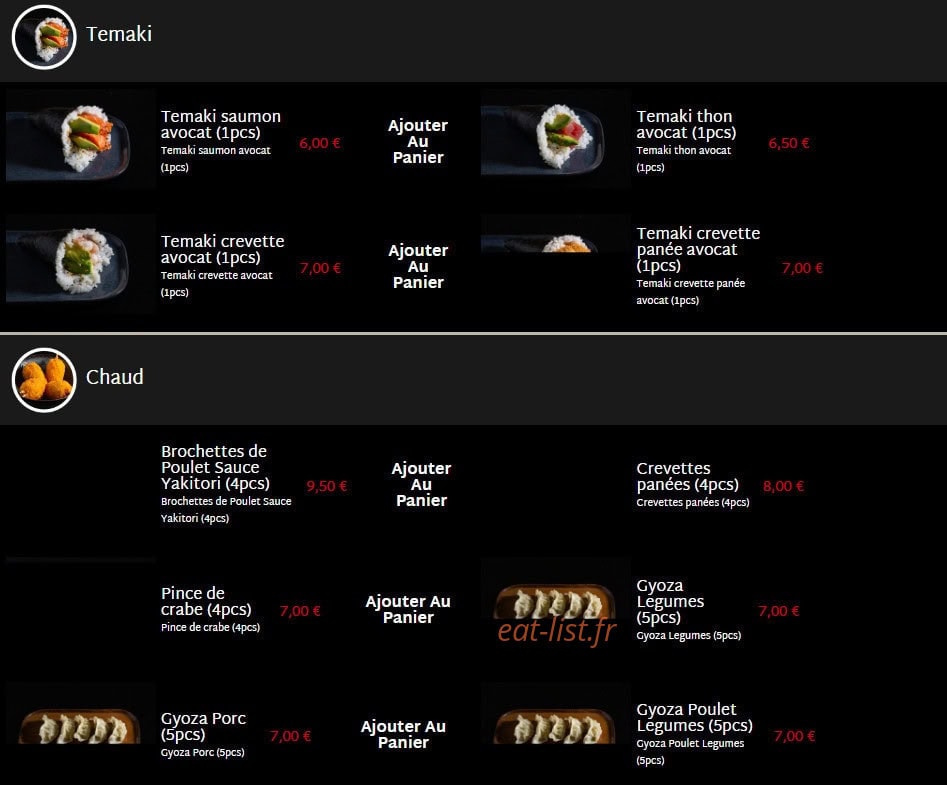 Carte et menu de Mas Sushi à Villeneuve Loubet — Temaki et chaud