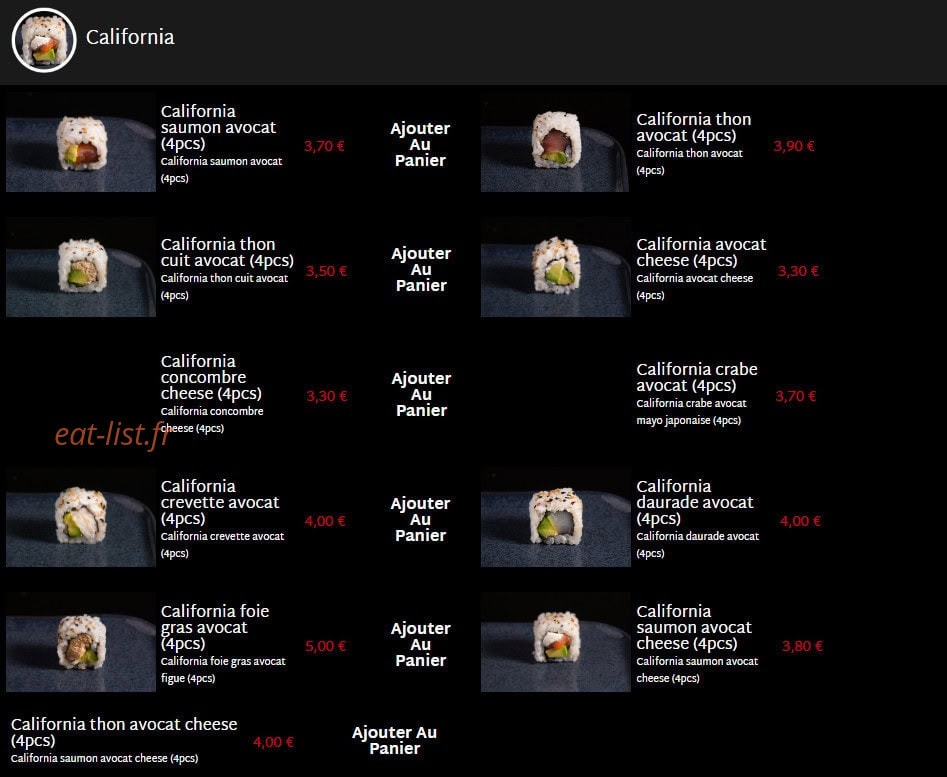 Carte et menu de Mas Sushi à Villeneuve Loubet — California