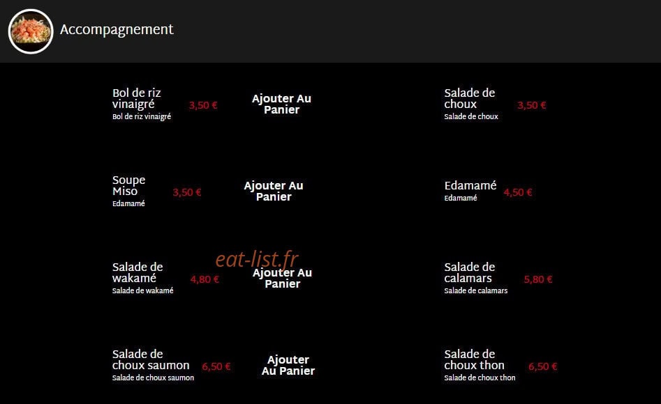 Carte et menu de Mas Sushi à Villeneuve Loubet — Les accompagnements