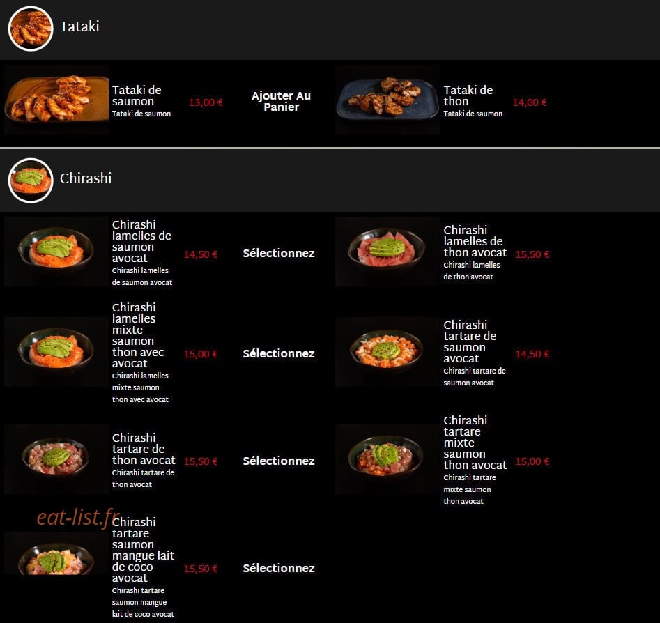 Carte et menu de Mas Sushi à Villeneuve Loubet — Tataki et chirashi