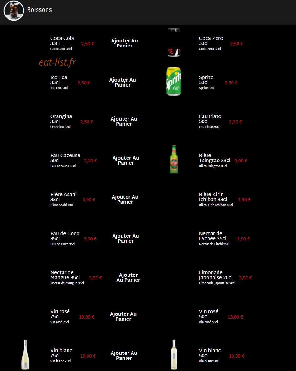 Carte et menu de Mas Sushi à Villeneuve Loubet — Les boissons