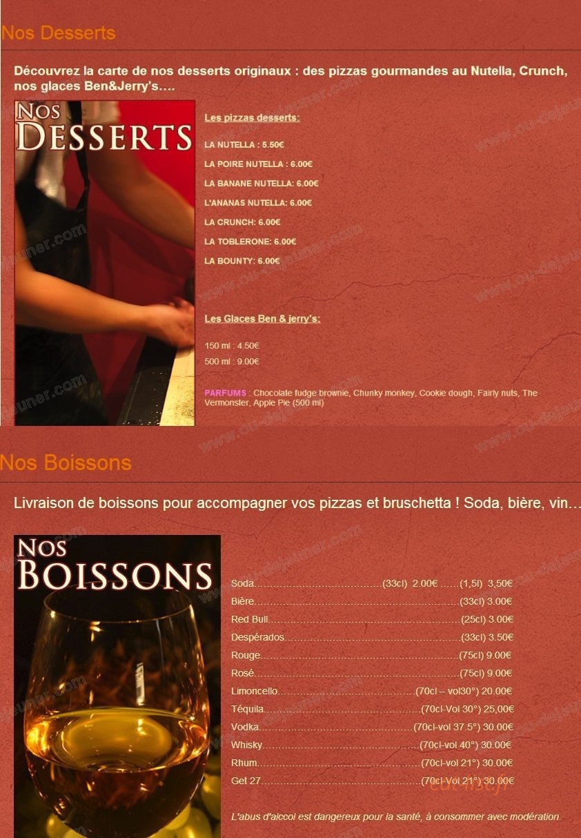Carte et menu de Piz'zatti à Villeneuve Loubet — Les desserts et boissons