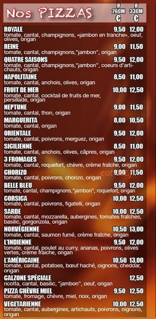 Carte et menu de Pizza du Village à Villeneuve Loubet — Les pizzas