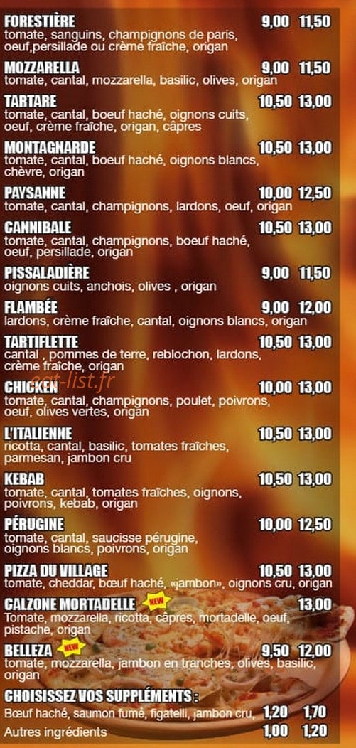 Carte et menu de Pizza du Village à Villeneuve Loubet — Les pizzas suite