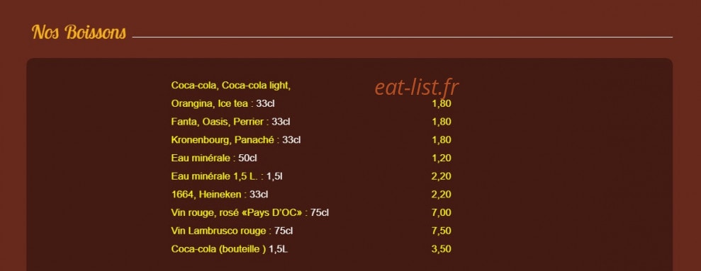 Carte et menu de Pizza du Village à Villeneuve Loubet — Les boissons