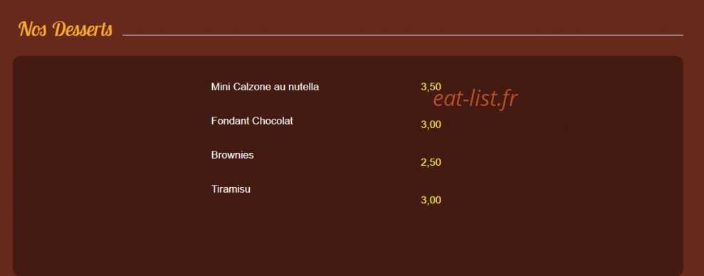 Carte et menu de Pizza du Village à Villeneuve Loubet — Les desserts