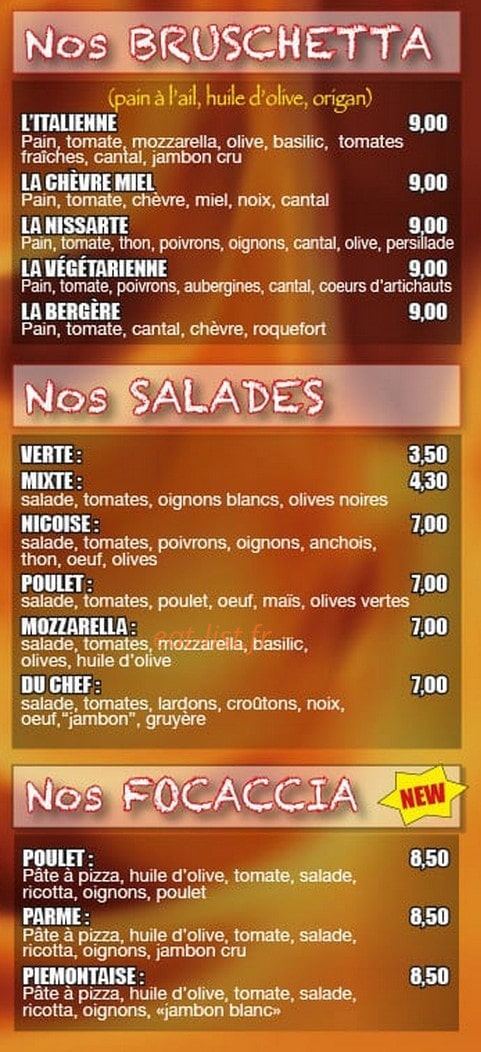 Carte et menu de Pizza du Village à Villeneuve Loubet — Les bruschettas, salades, ...