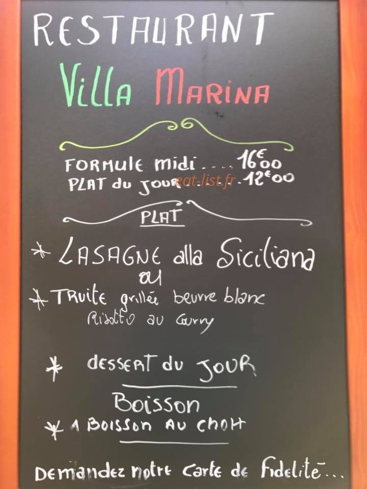 Carte et menu de Villa marina à Villeneuve Loubet — Exemple de menu