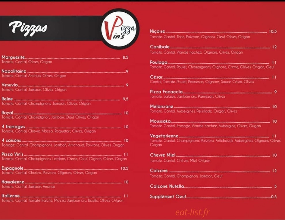 Vin's Pizza — carte page 1