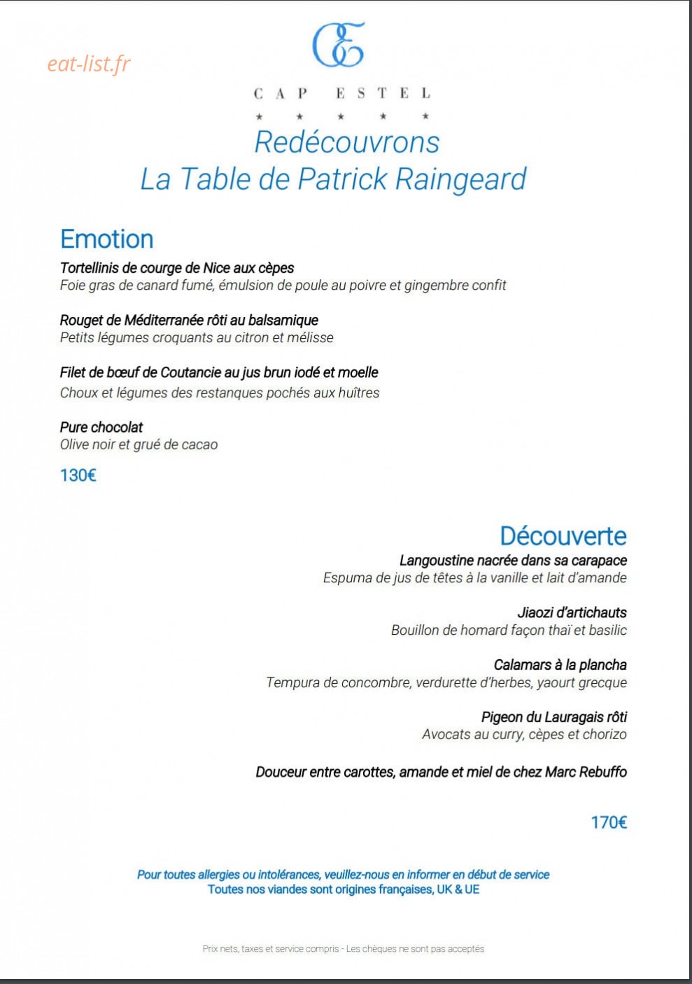 La Table de Patrick Raingeard — carte page 1