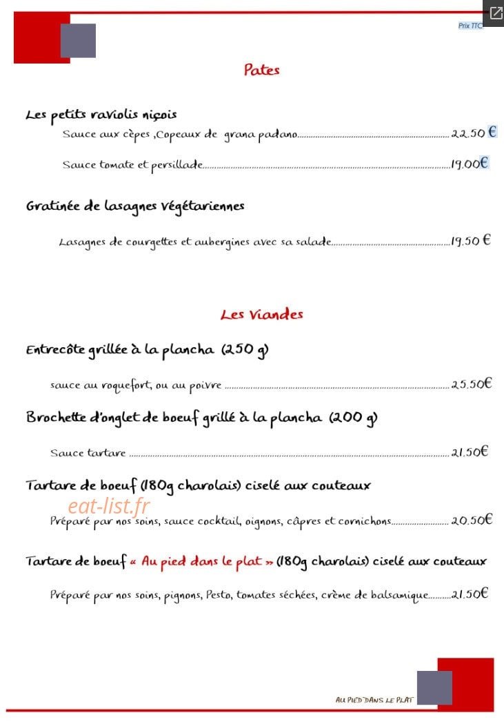 Au Pied dans le Plat — carte page 1