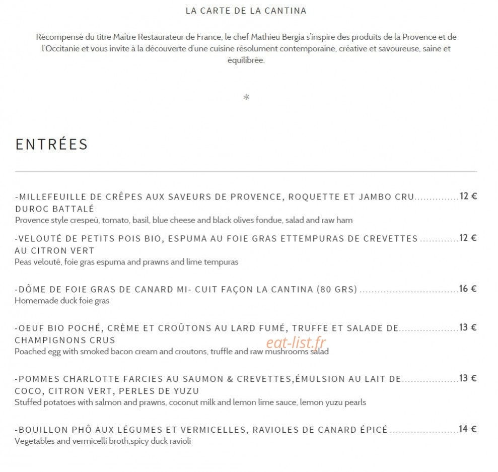 La Cantina — carte page 1