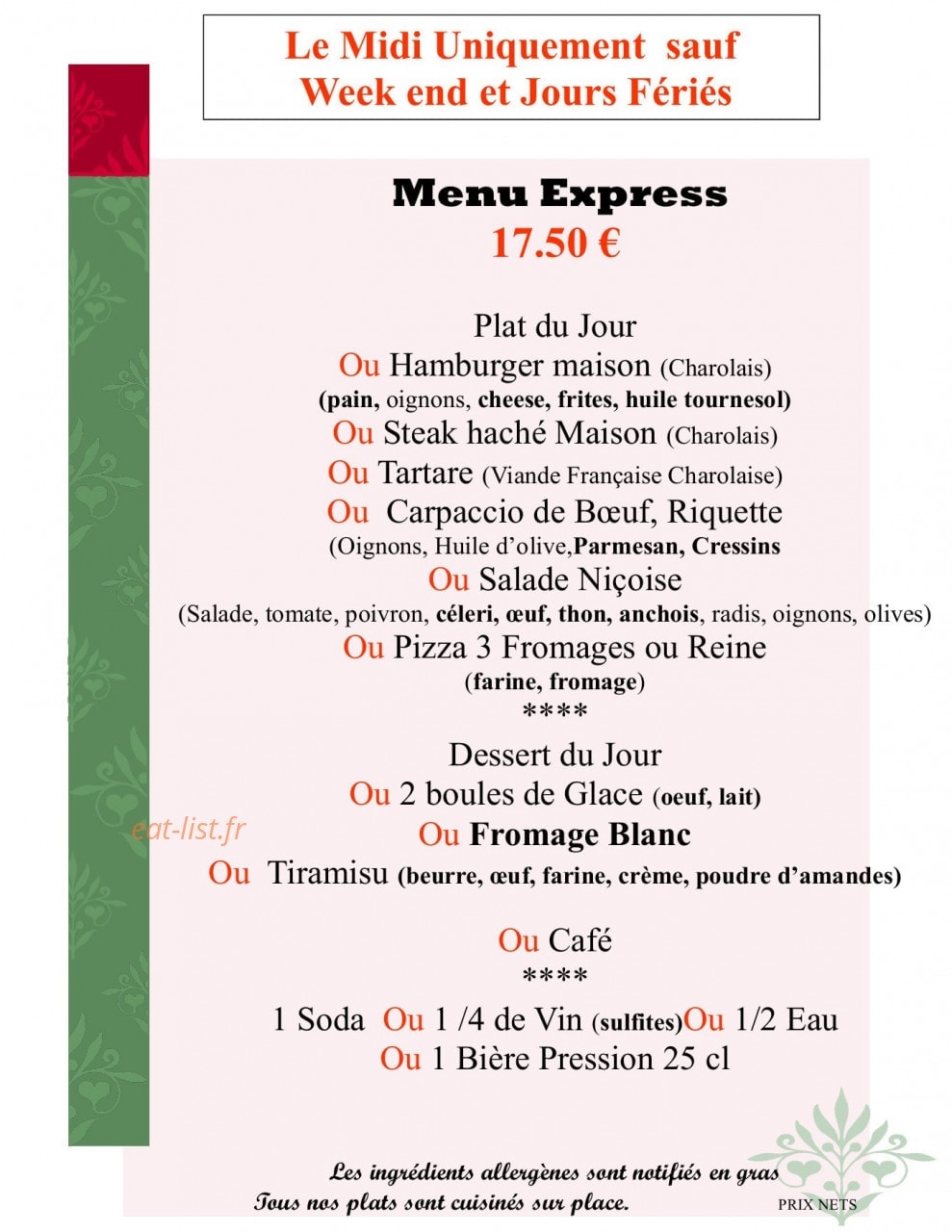 Restaurant Chez Régine — carte page 1