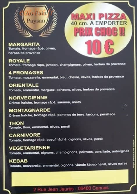 Au Pain Paysan — carte page 1