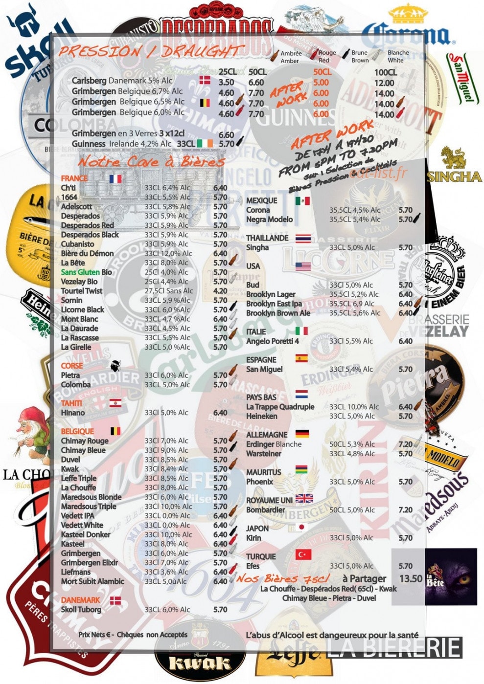 Carte et menu de Bièrerie & brasserie du casino à Cannes — Les bières