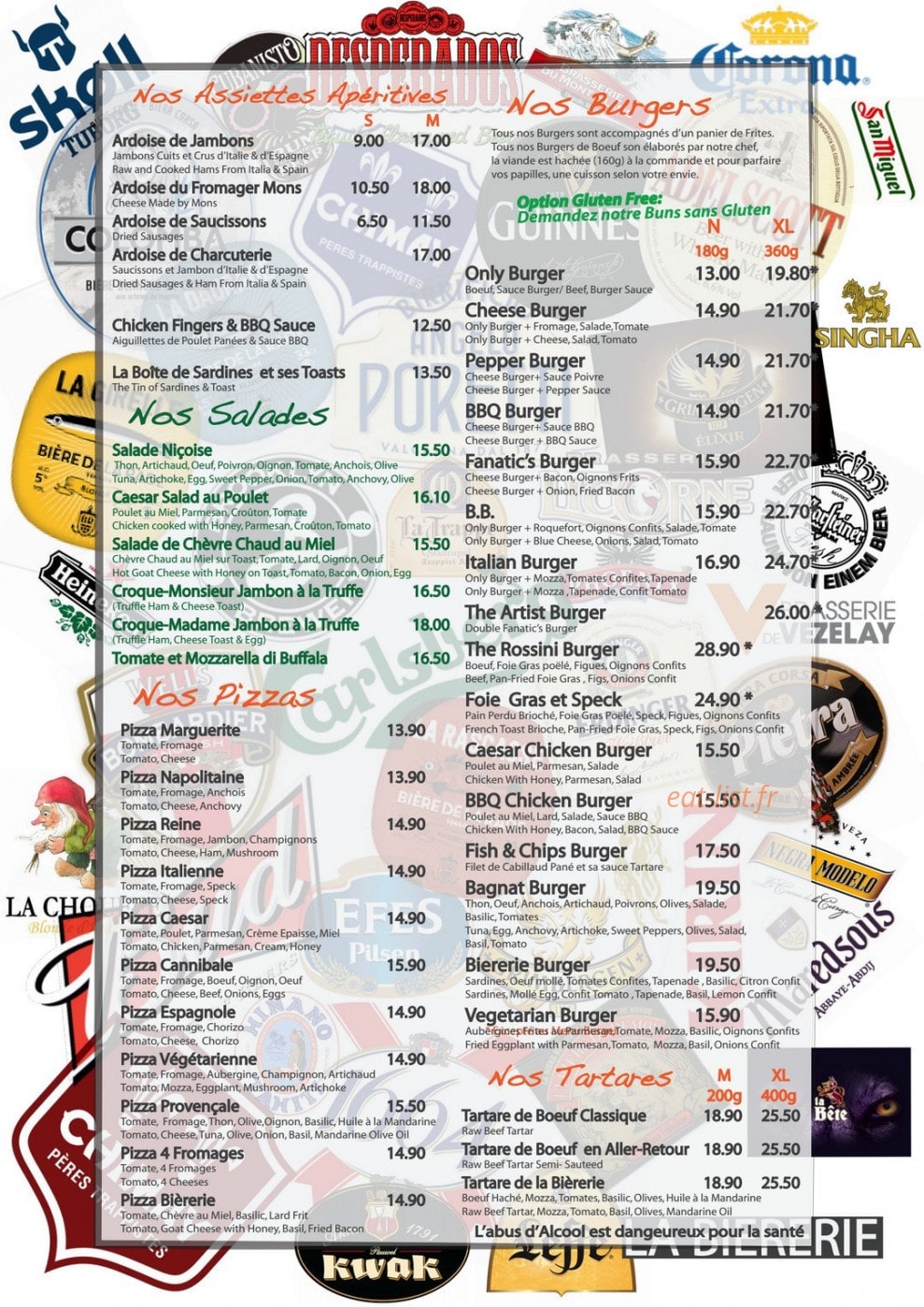 Carte et menu de Bièrerie & brasserie du casino à Cannes — Les salades, pizzas,...