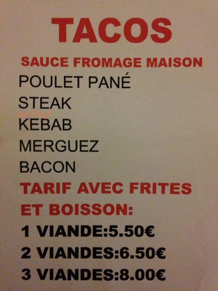 Carte et menu de La rôtisserie de cannes à Cannes — Les tacos