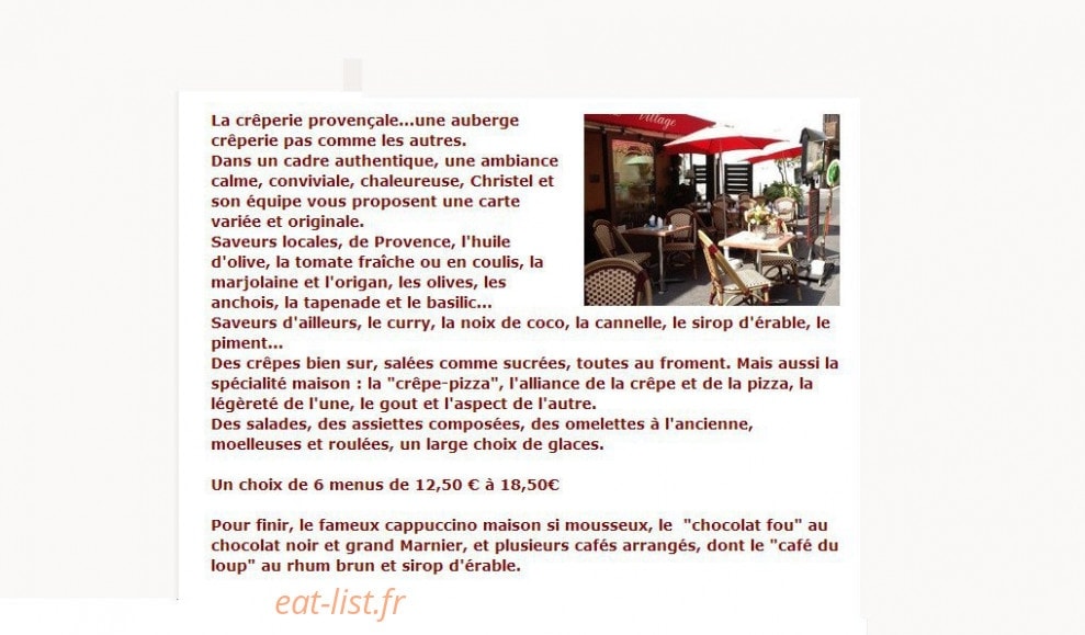 Carte et menu de Auberge Crêperie du Vieux Village à Biot — Les informations sur le menu