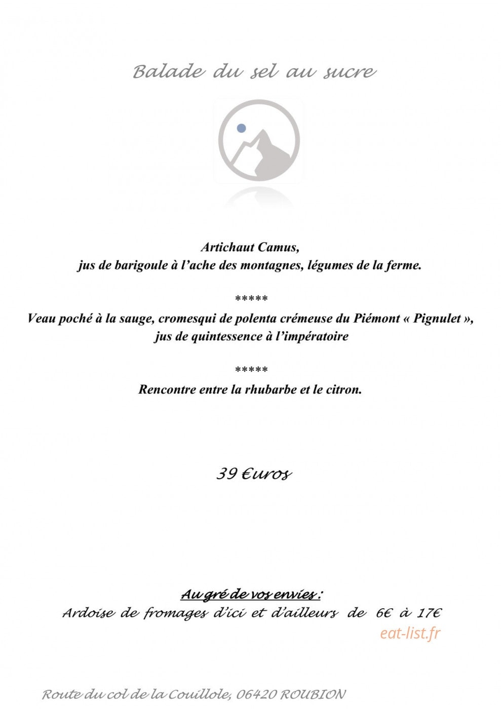 Auberge Quintessence — carte page 1