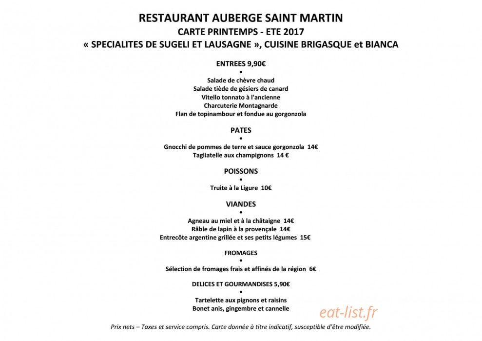 Auberge Saint Martin — carte page 1