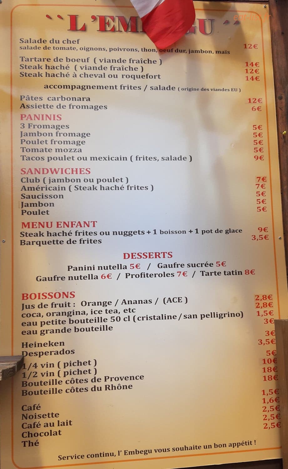Snack l'Embegu — carte page 1