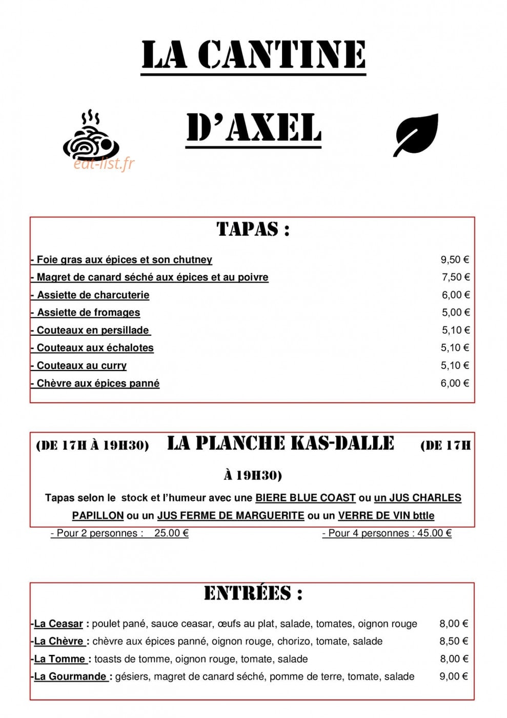 La Cantine d'Axel — carte page 1