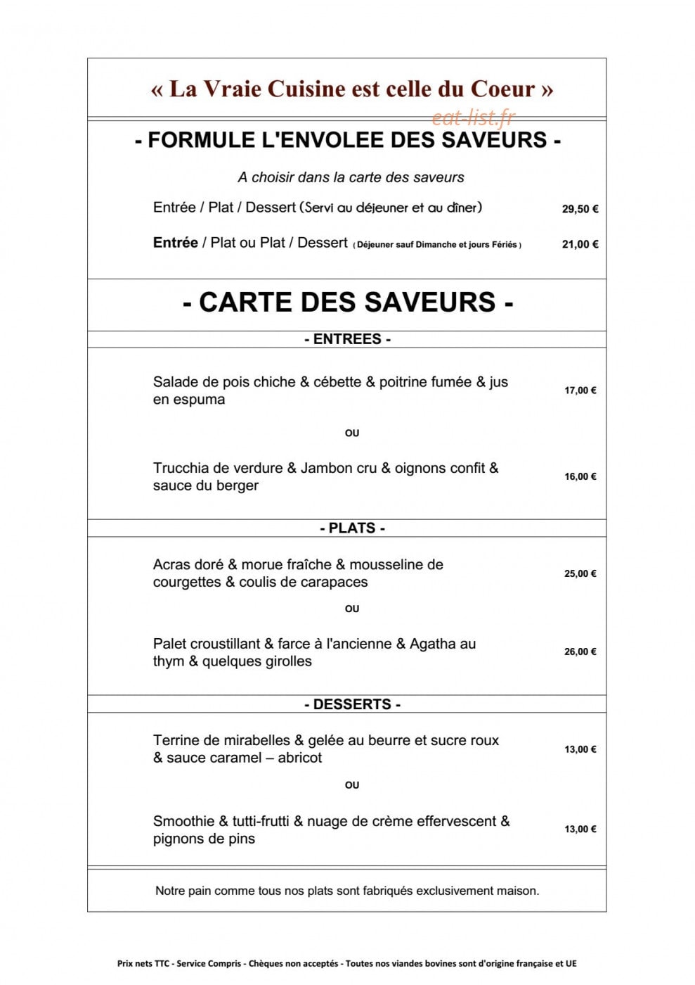 L’Atelier des Saveurs — carte page 1