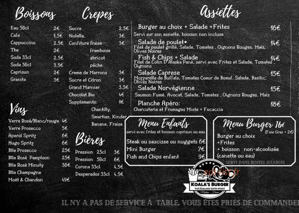 Koala’s Burger — carte page 2