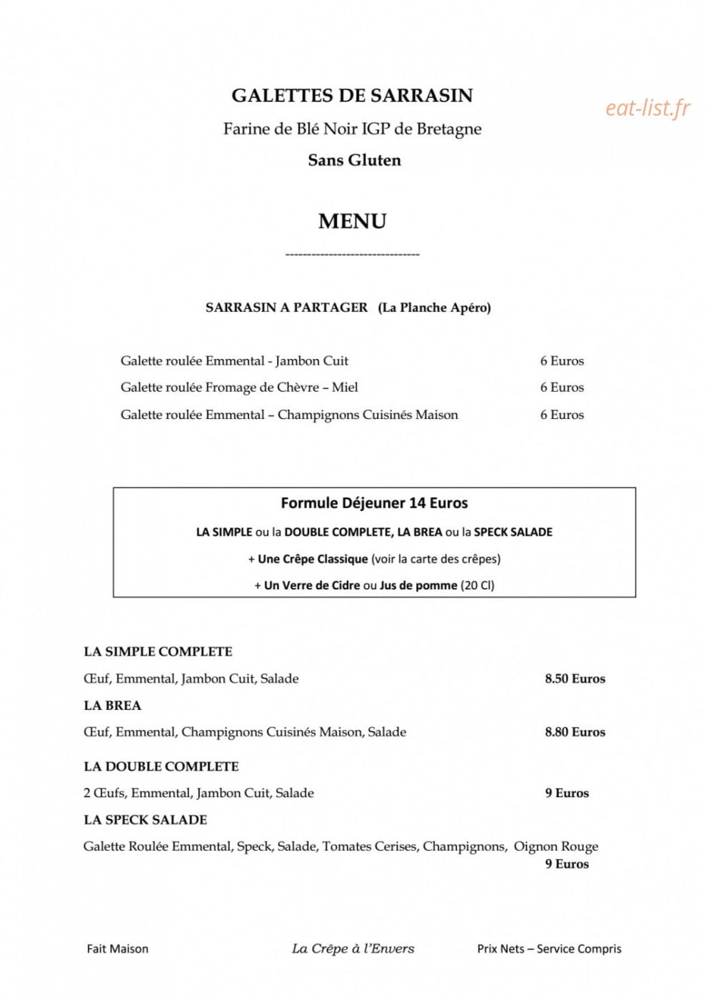 La Crêpe à l’Envers — carte page 1