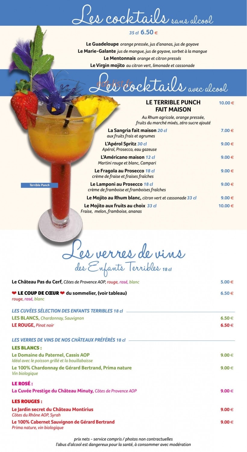 Carte et menu de Les Enfants Terribles à Menton — Les cocktails et verres de vins