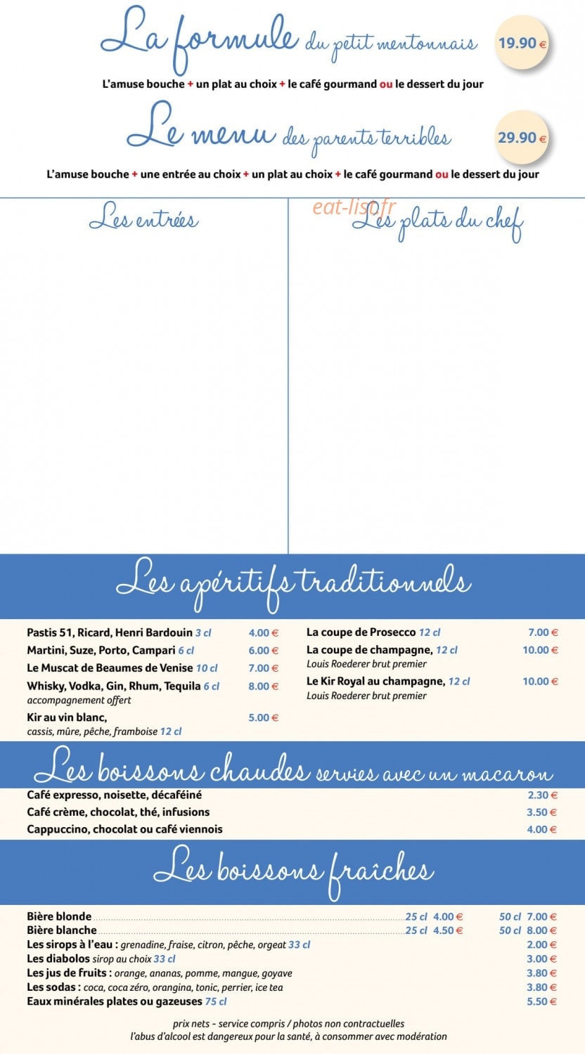 Carte et menu de Les Enfants Terribles à Menton — Les apéritifs et boissons