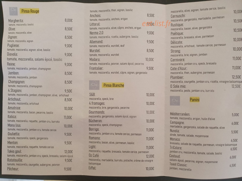 Oz Cocktail Café — carte page 1