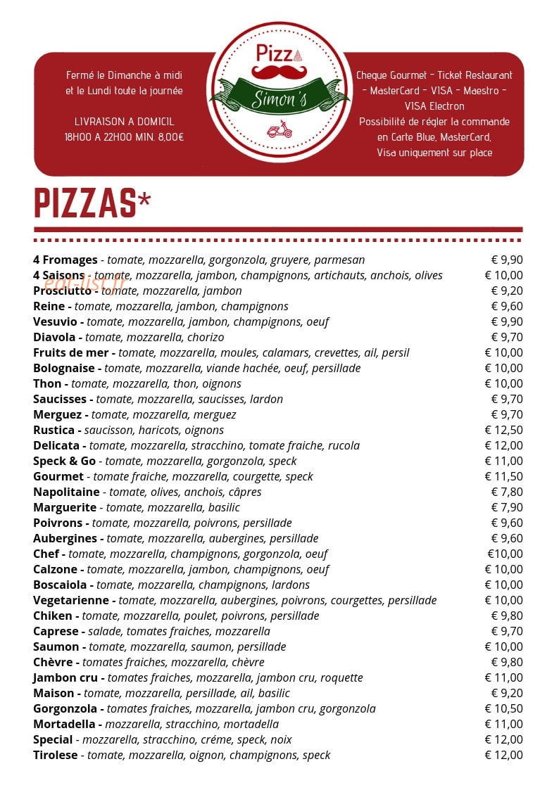 Pizza Simon's — carte page 1