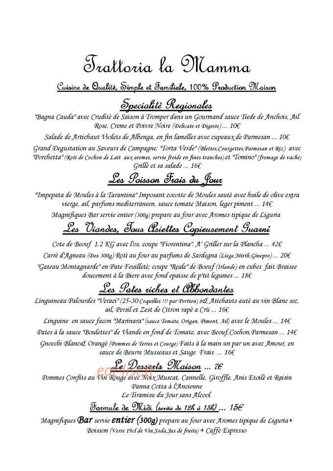 Carte et menu de Trattoria la Mamma à Menton — Exemple de menu