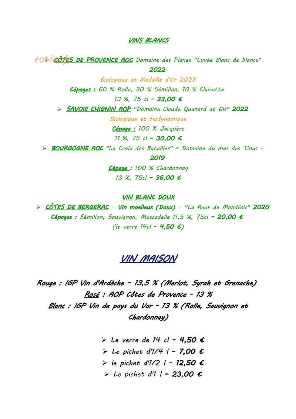 Le Bistrot de Siriya — carte page 11