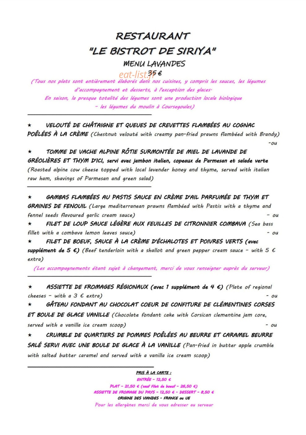 Le Bistrot de Siriya — carte page 1