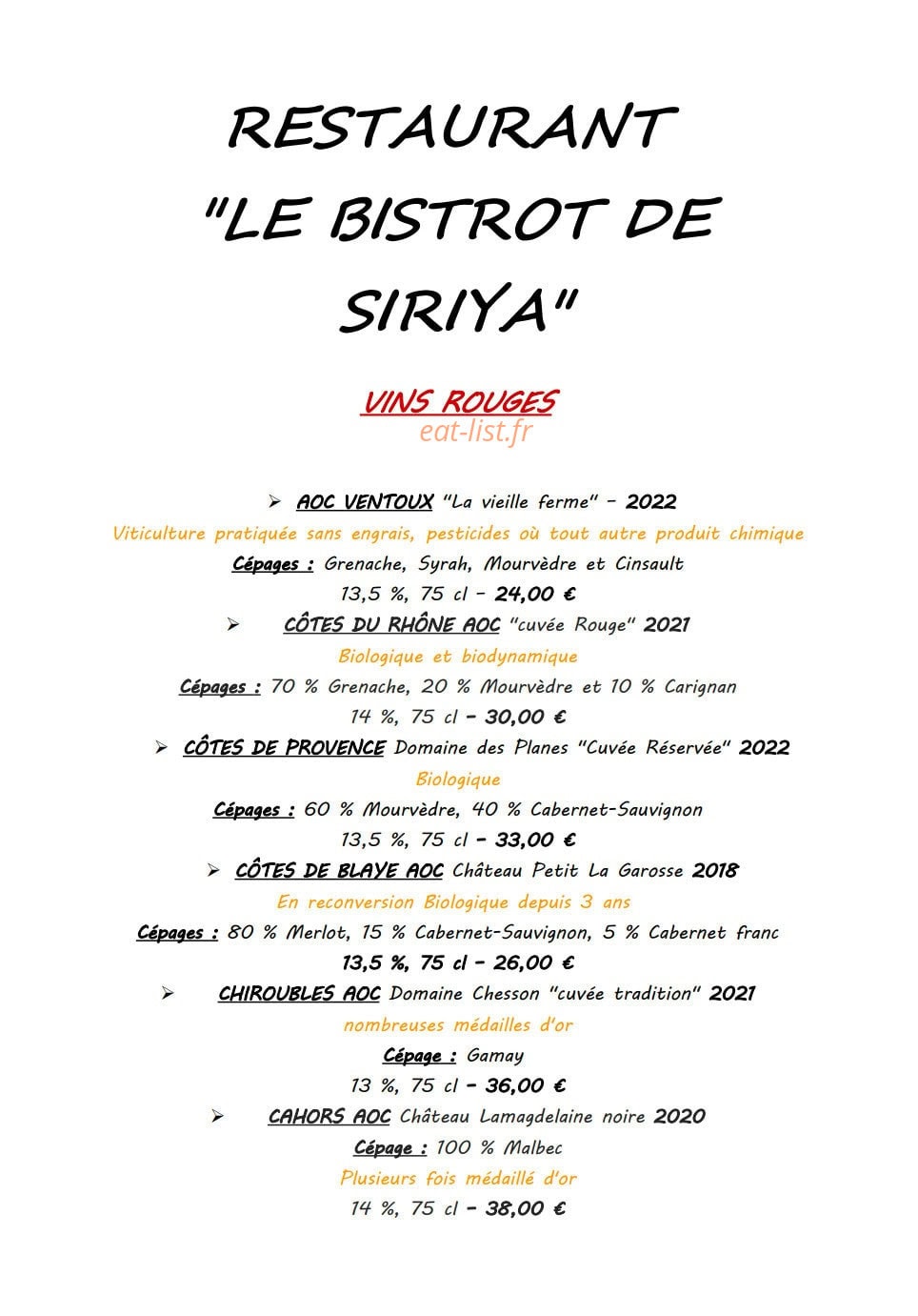 Le Bistrot de Siriya — carte page 9