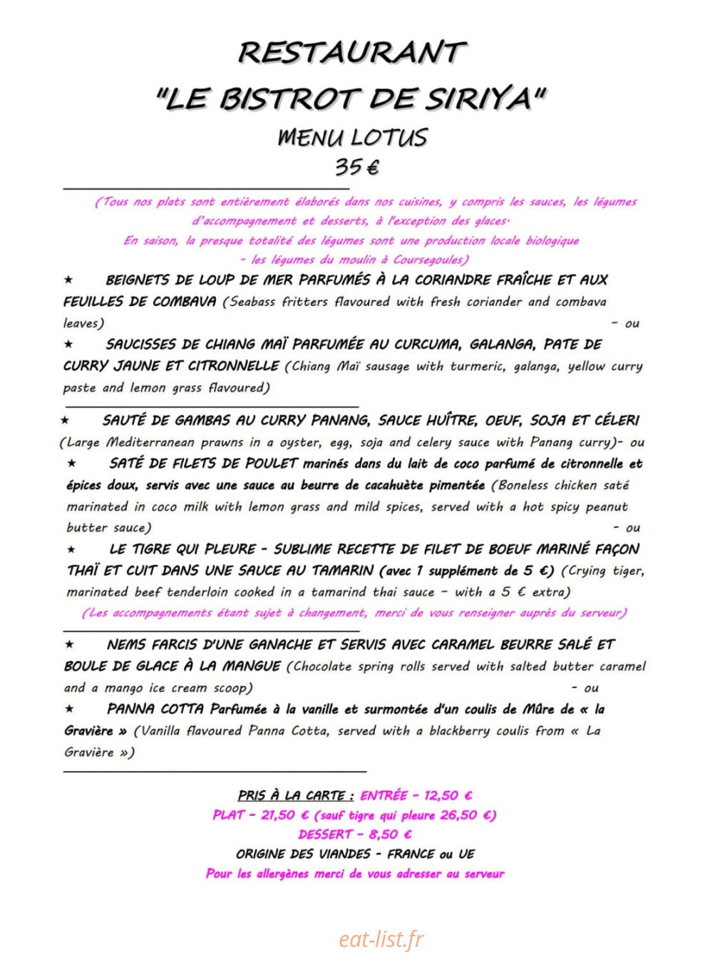Le Bistrot de Siriya — carte page 2