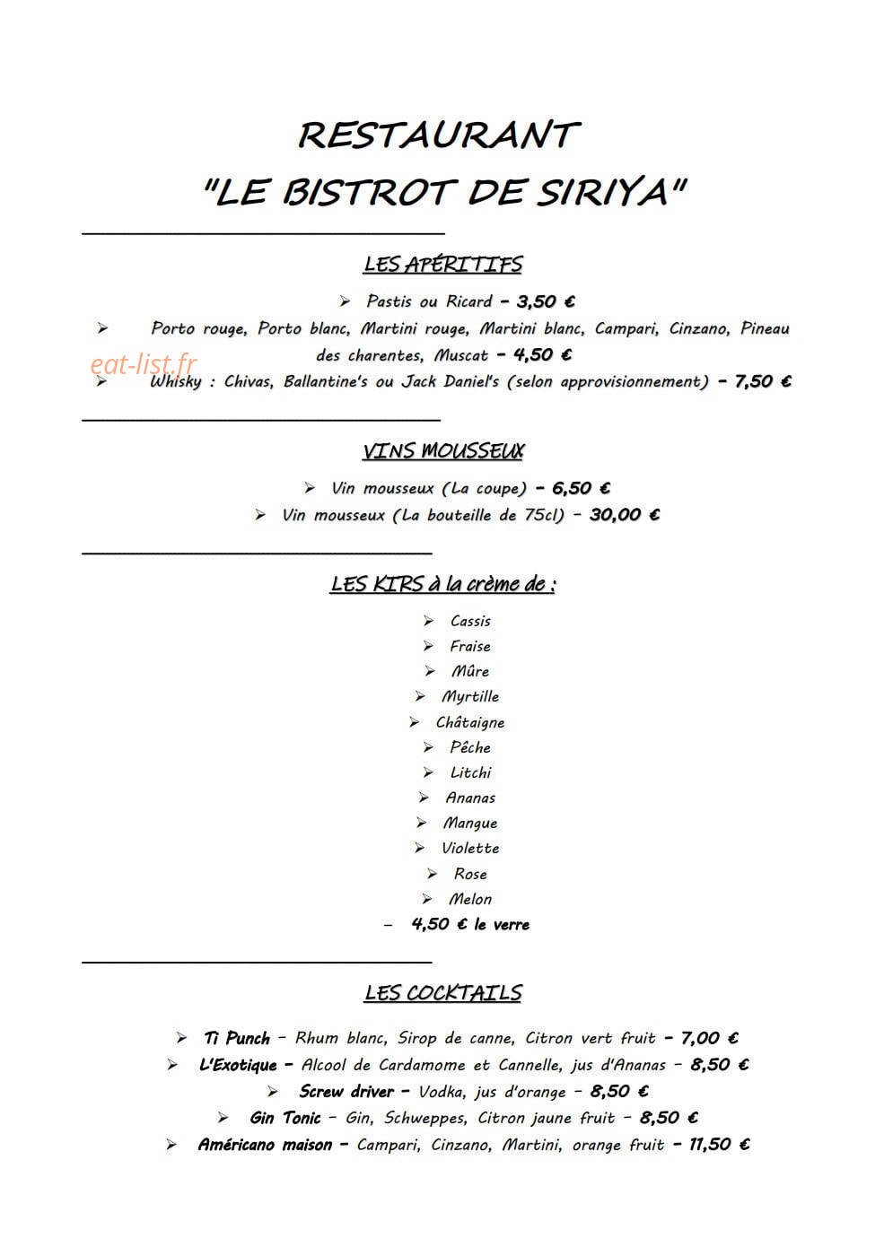 Le Bistrot de Siriya — carte page 7