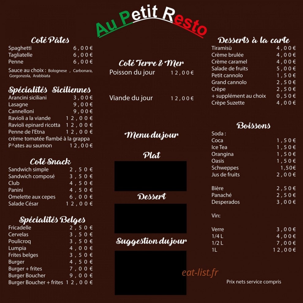 Au Petit Resto — carte page 1