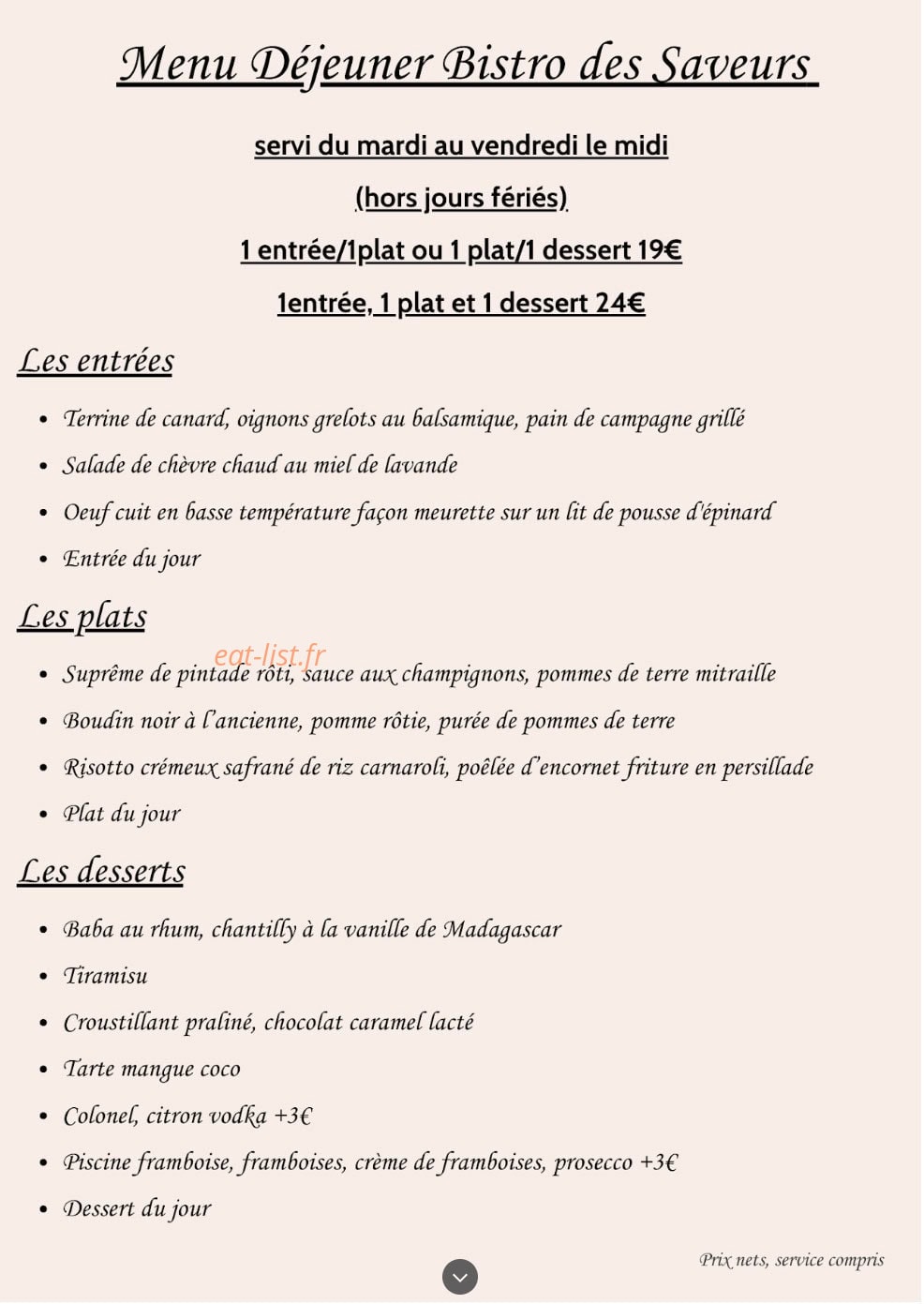 Le Bistro des Saveurs — carte page 1