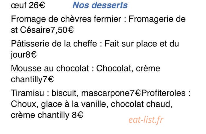 Carte et menu de Restaurant Le Boucan - La Tour Carré à Peymeinade — Les desserts