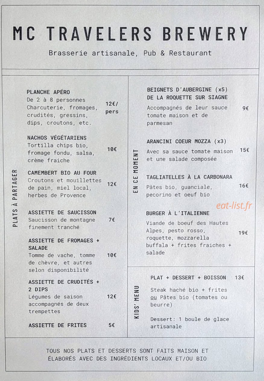 Carte et menu de Mc Travelers Brewery à La Roquette sur Siagne — La carte