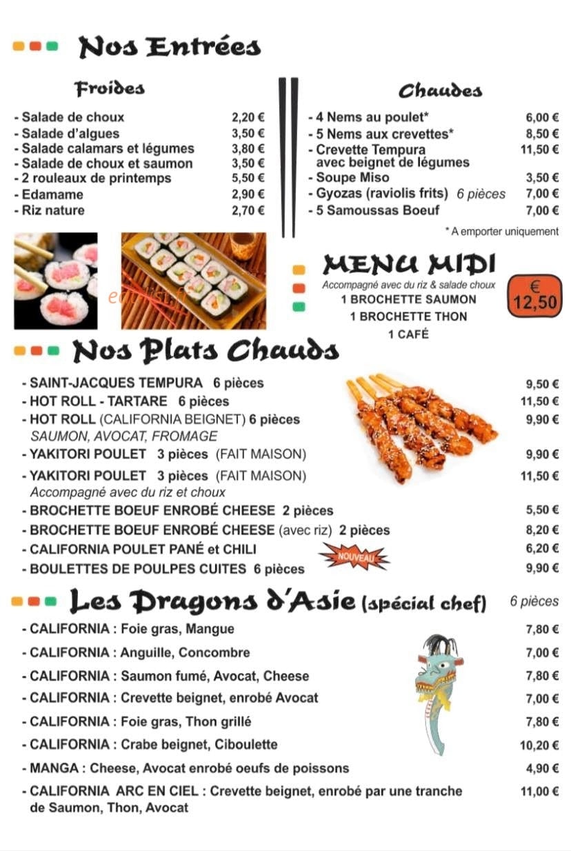 Carte et menu de Sushi manga à La Roquette sur Siagne — Entrées, plats chauds, menu midi,...